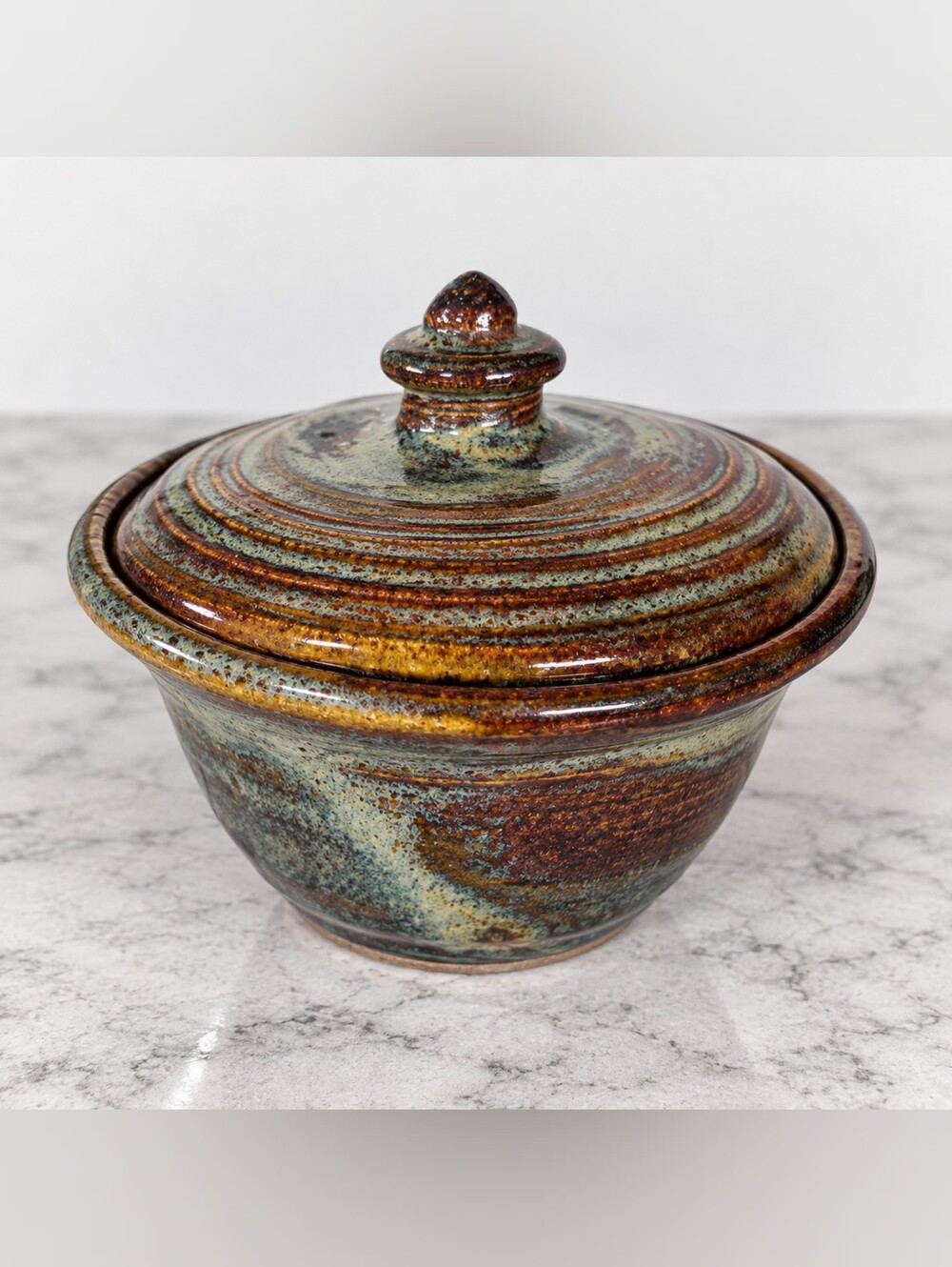 ADAMA Signed Studio Pottery Lidded Stoneware Bowl Reactive Glaze Handmade